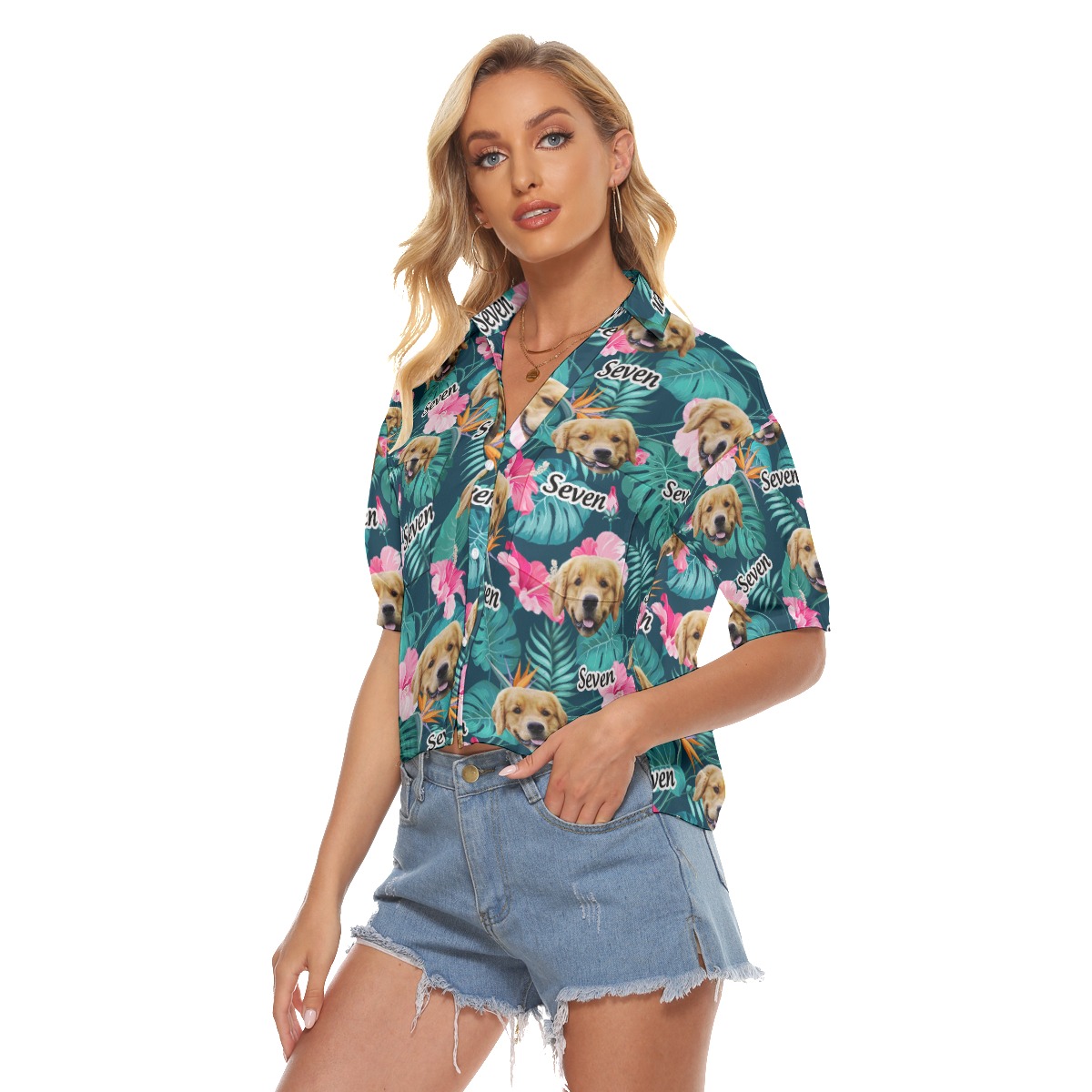 Funny Custom Dog Face And Name Floral Hawaiian Crop Top Shirt For Women