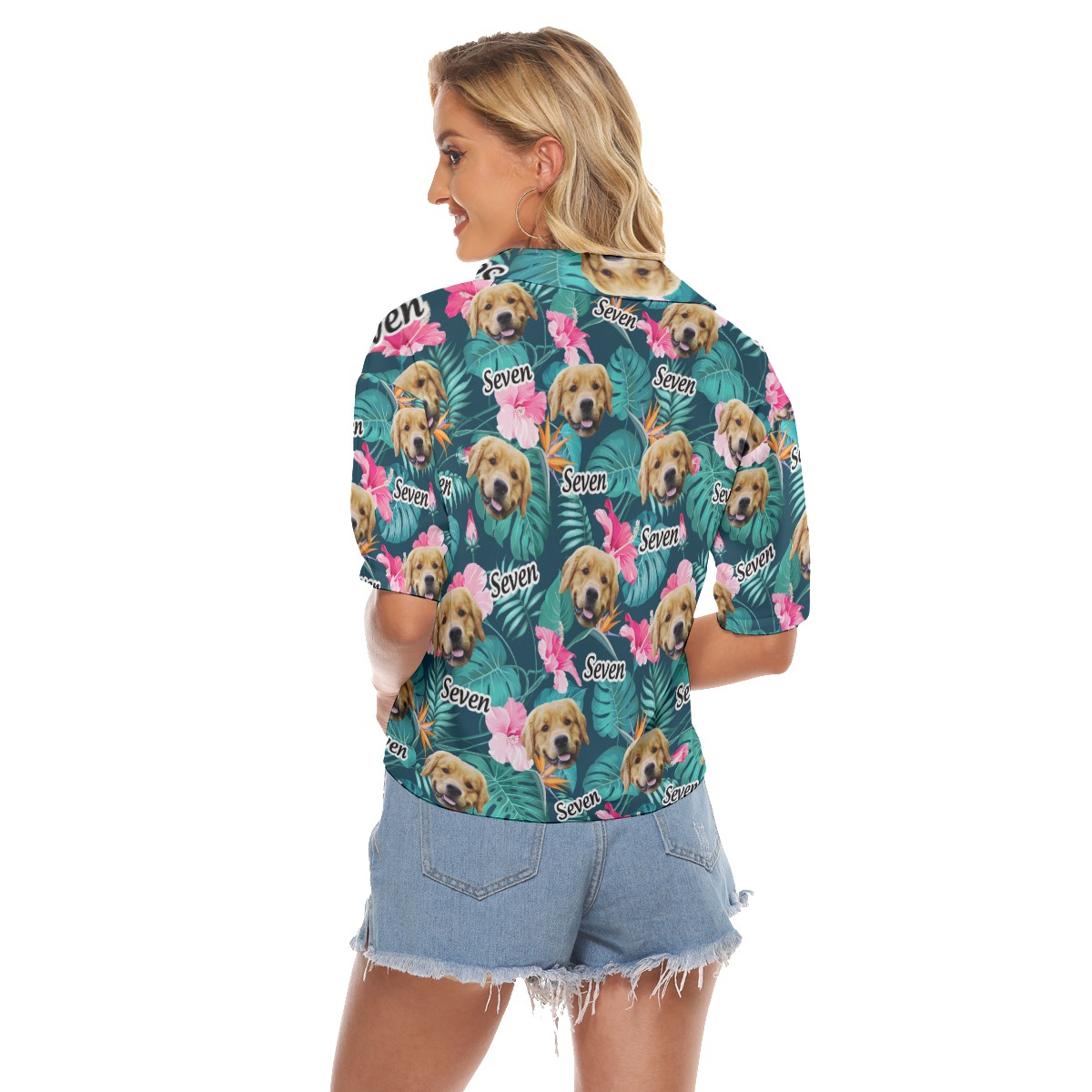 Funny Custom Dog Face And Name Floral Hawaiian Crop Top Shirt For Women