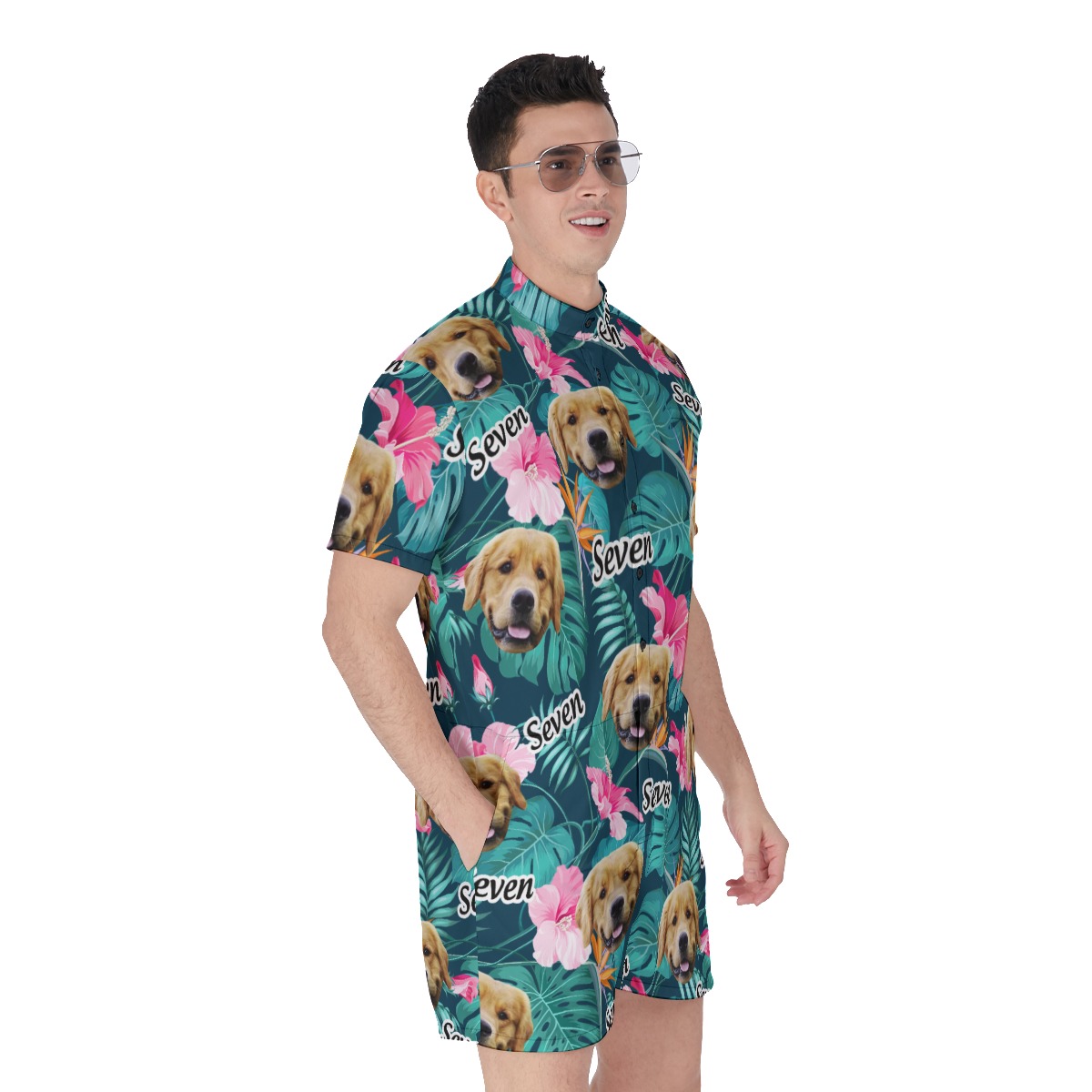 Custom Dog Face And Name Floral Hawaiiam Romper For Men