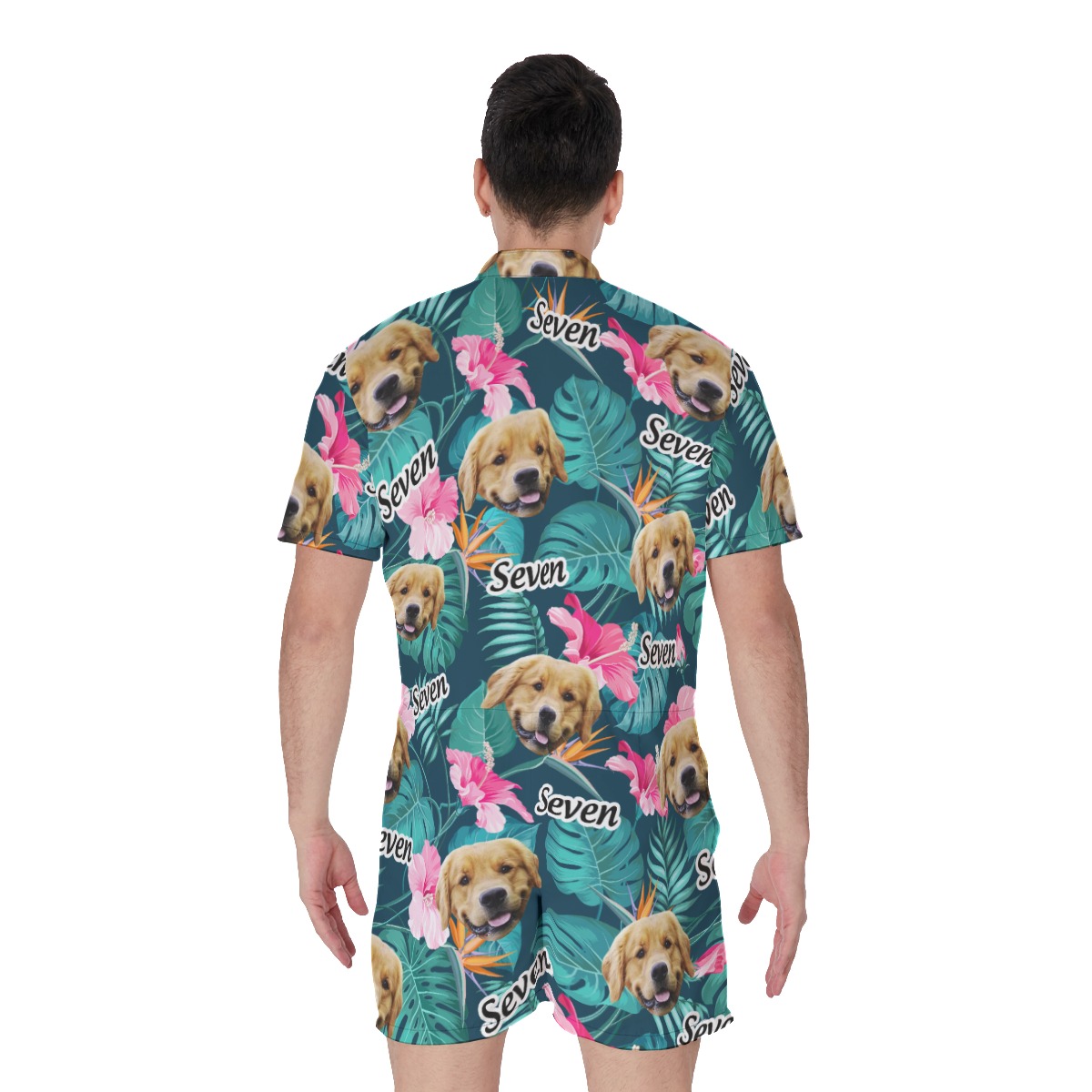 Custom Dog Face And Name Floral Hawaiiam Romper For Men