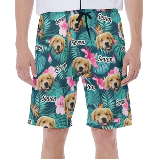 Custom Floral Hawaiian Swim Trunks With Dog Face And Name