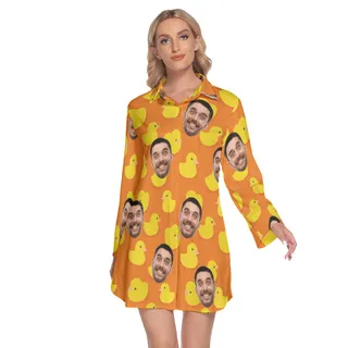 Custom Face Rubber Duck Hawaiian Shirt Dress With Long Sleeve For Women