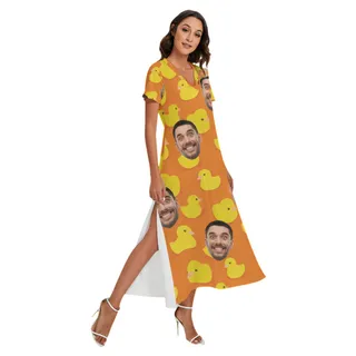 Funny Rubber Duck Custom Face Hawaiian V-neck Dress With Side Slit