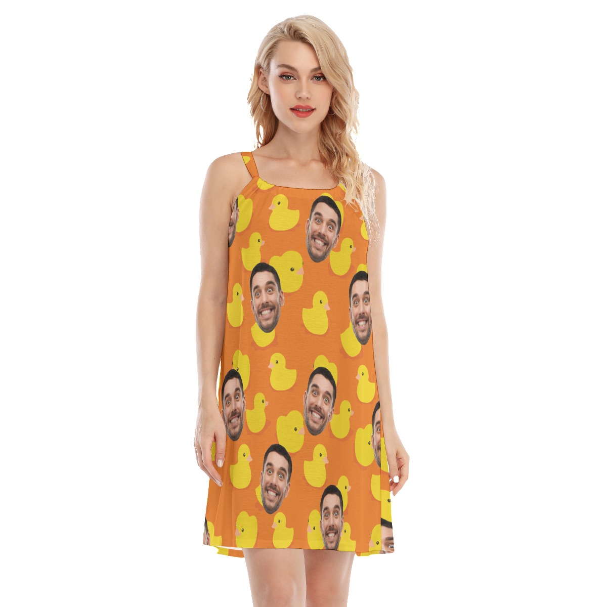 Custom Face Rubber Duck Orange Hawaiian Cami Dress For Women - variant image 1