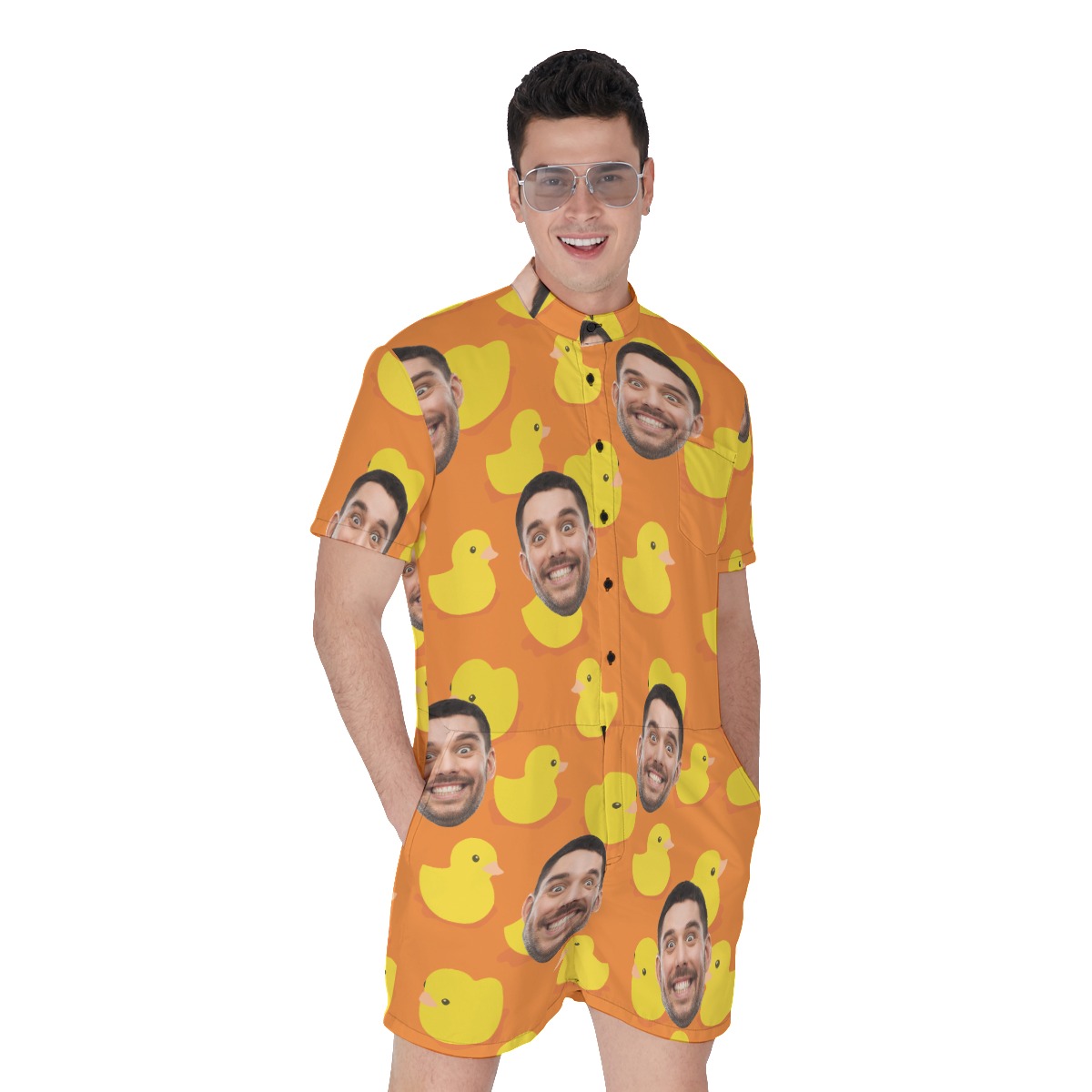 Funny Custom Face Rubber Duck Orange Hawaiian Romper For Summer - variant image 1