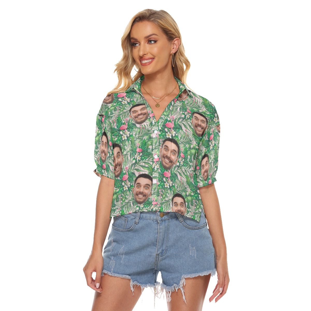 Hawaiian Cropped Shirt With Custom Face For Women - variant image 1