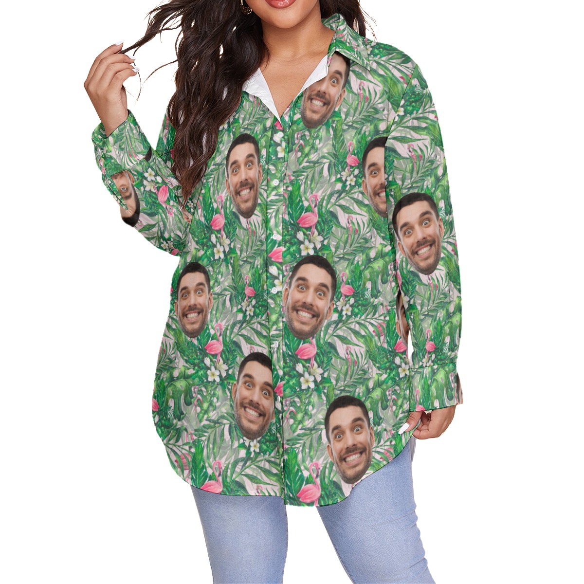 Custom Face Women's Oversized Aloha Shirt With Flamingo - variant image 1