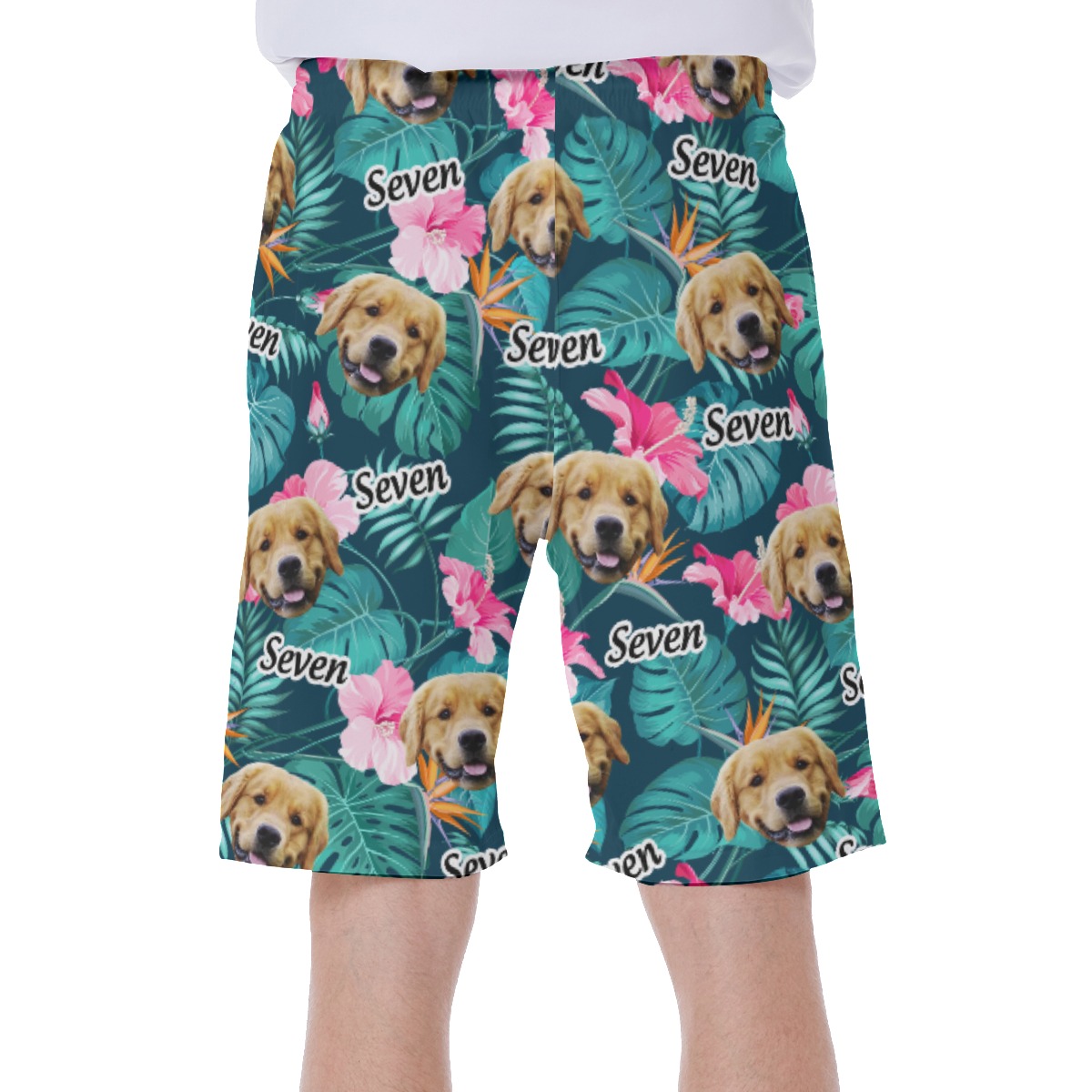 Custom Floral Hawaiian Swim Trunks With Dog Face And Name