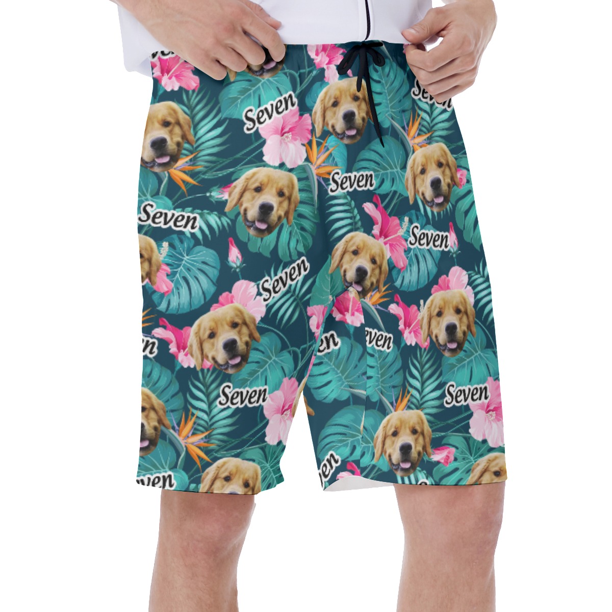 Custom Floral Hawaiian Swim Trunks With Dog Face And Name