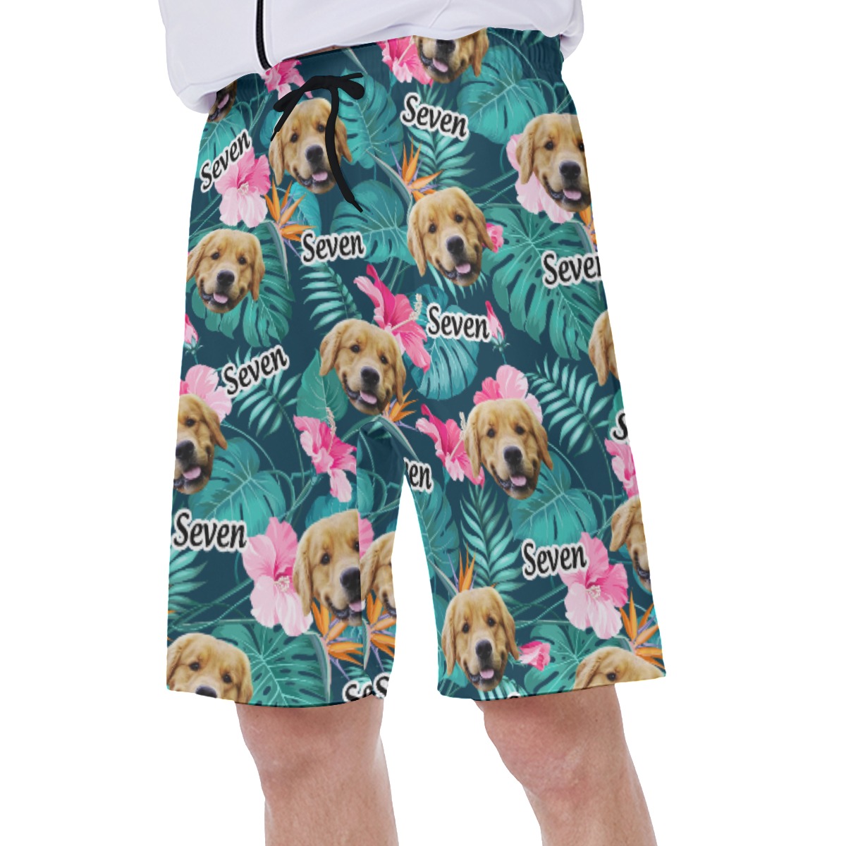 Custom Floral Hawaiian Swim Trunks With Dog Face And Name