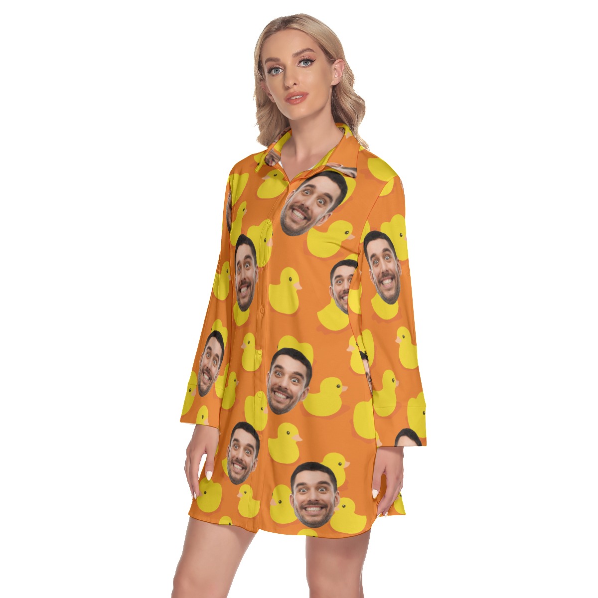 Custom Face Rubber Duck Hawaiian Shirt Dress With Long Sleeve For Women