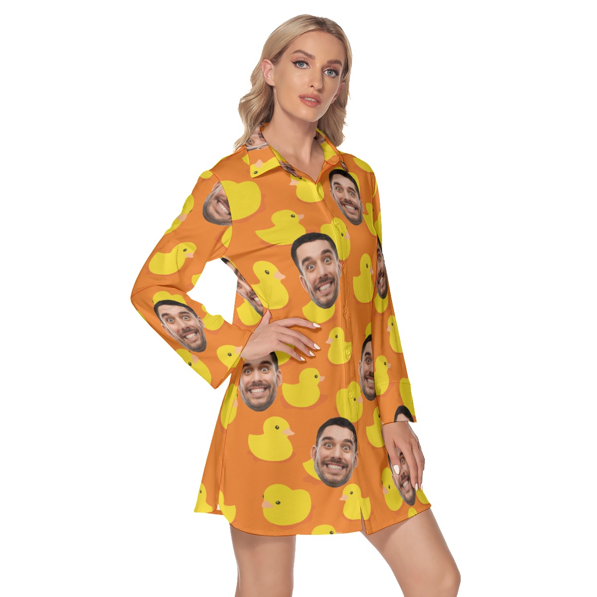 Custom Face Rubber Duck Hawaiian Shirt Dress With Long Sleeve For Women