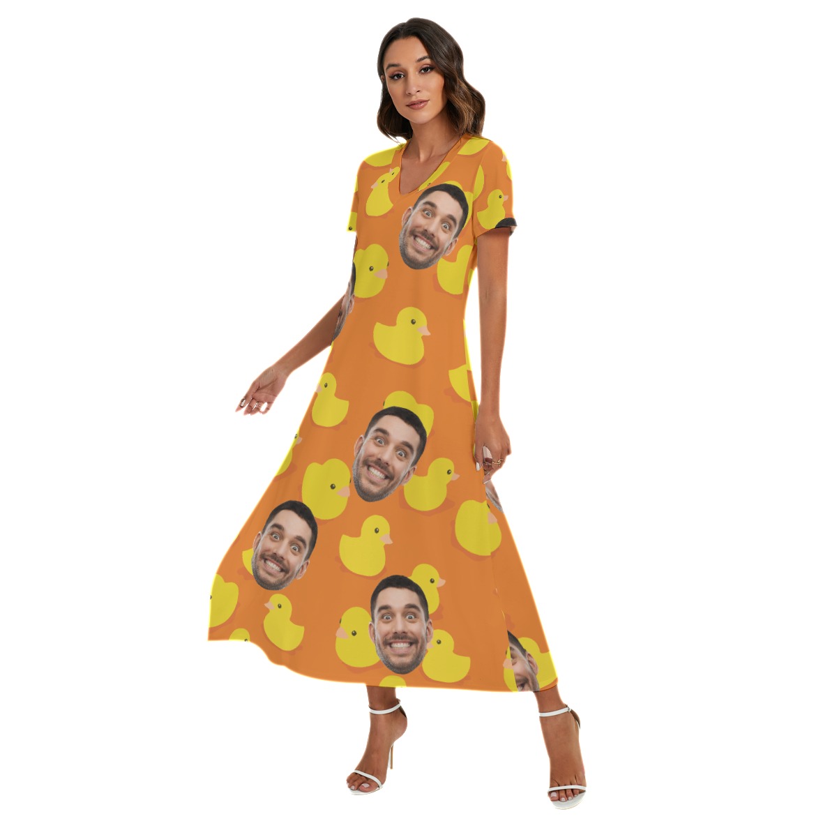 Funny Rubber Duck Custom Face Hawaiian V-neck Dress With Side Slit