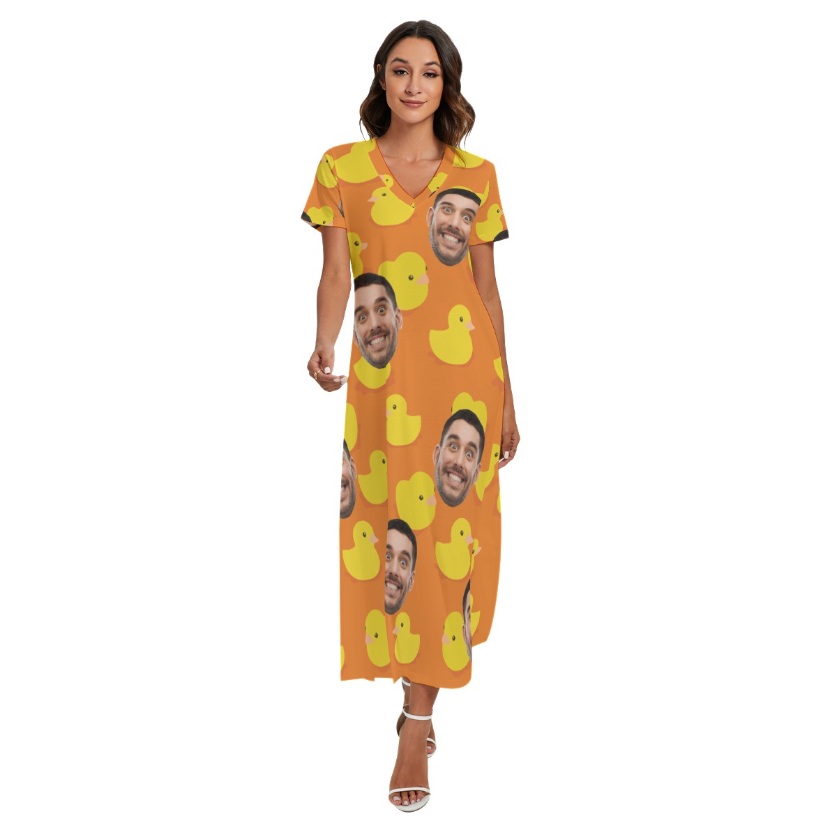 Funny Rubber Duck Custom Face Hawaiian V-neck Dress With Side Slit