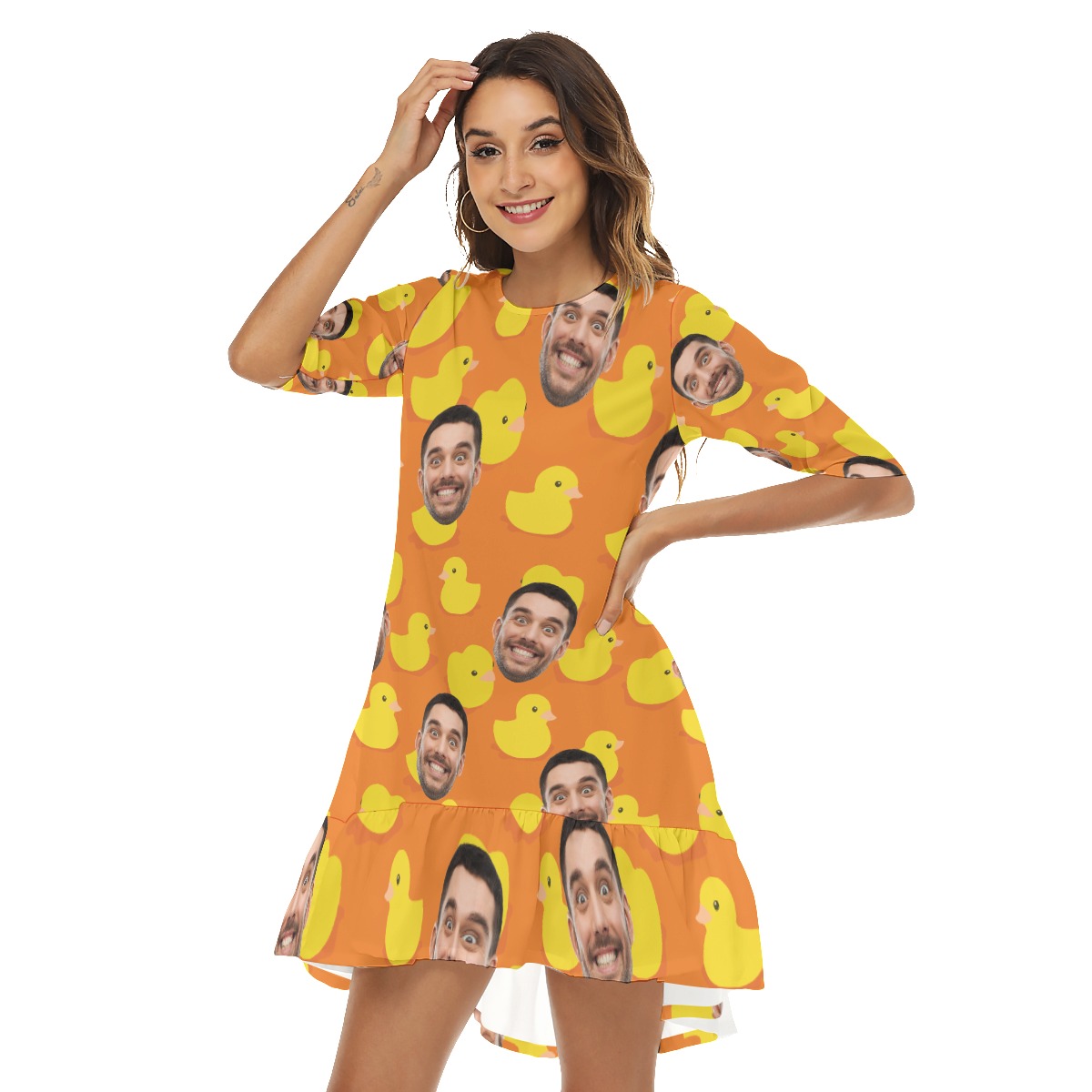 Funny Rubber Duck Custom Face Hawaiian Half Sleeve Dress With Ruffle Hem