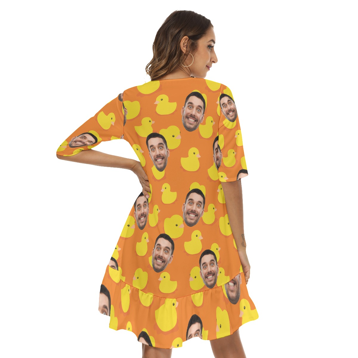 Funny Rubber Duck Custom Face Hawaiian Half Sleeve Dress With Ruffle Hem