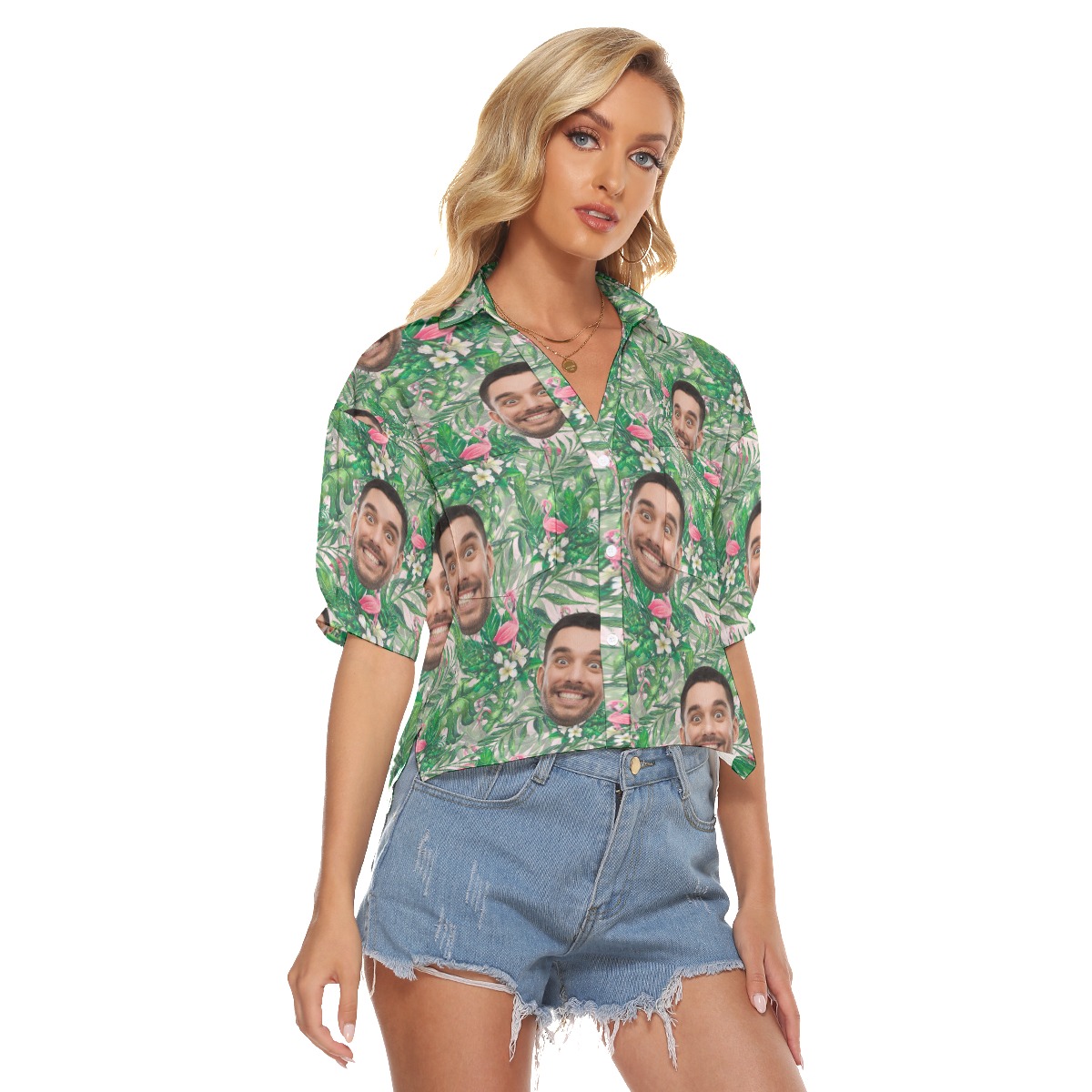 Hawaiian Cropped Shirt With Custom Face For Women