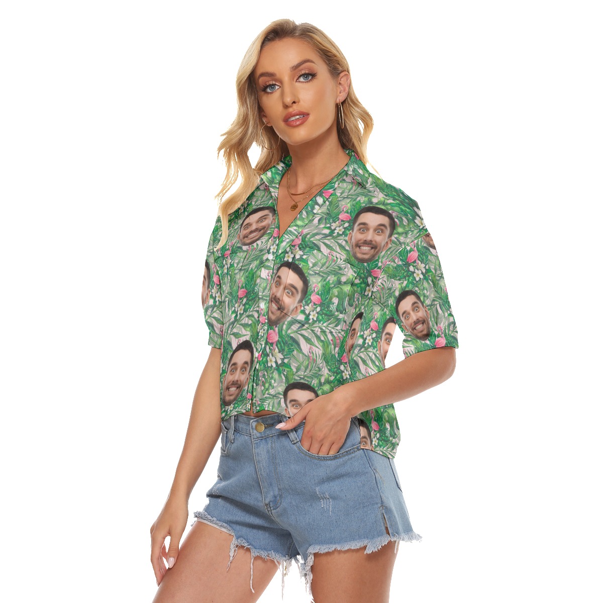 Hawaiian Cropped Shirt With Custom Face For Women