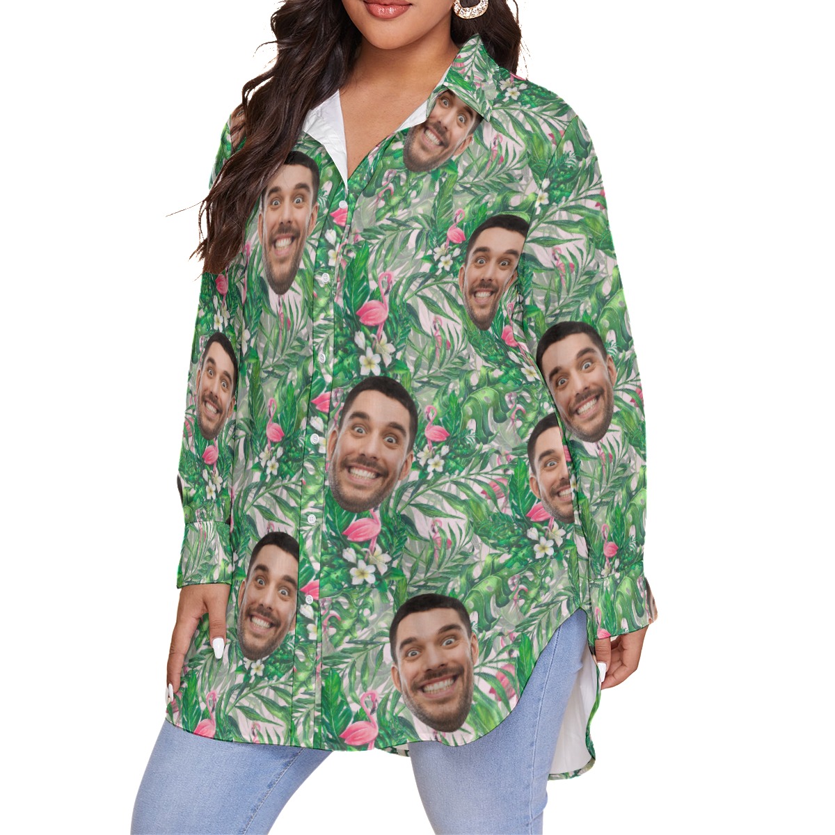 Custom Face Women's Oversized Aloha Shirt With Flamingo