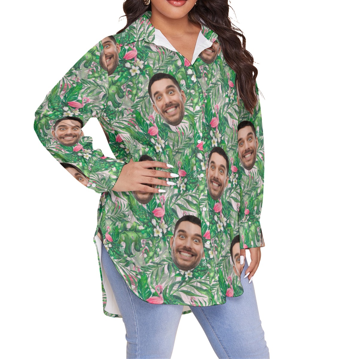 Custom Face Women's Oversized Aloha Shirt With Flamingo