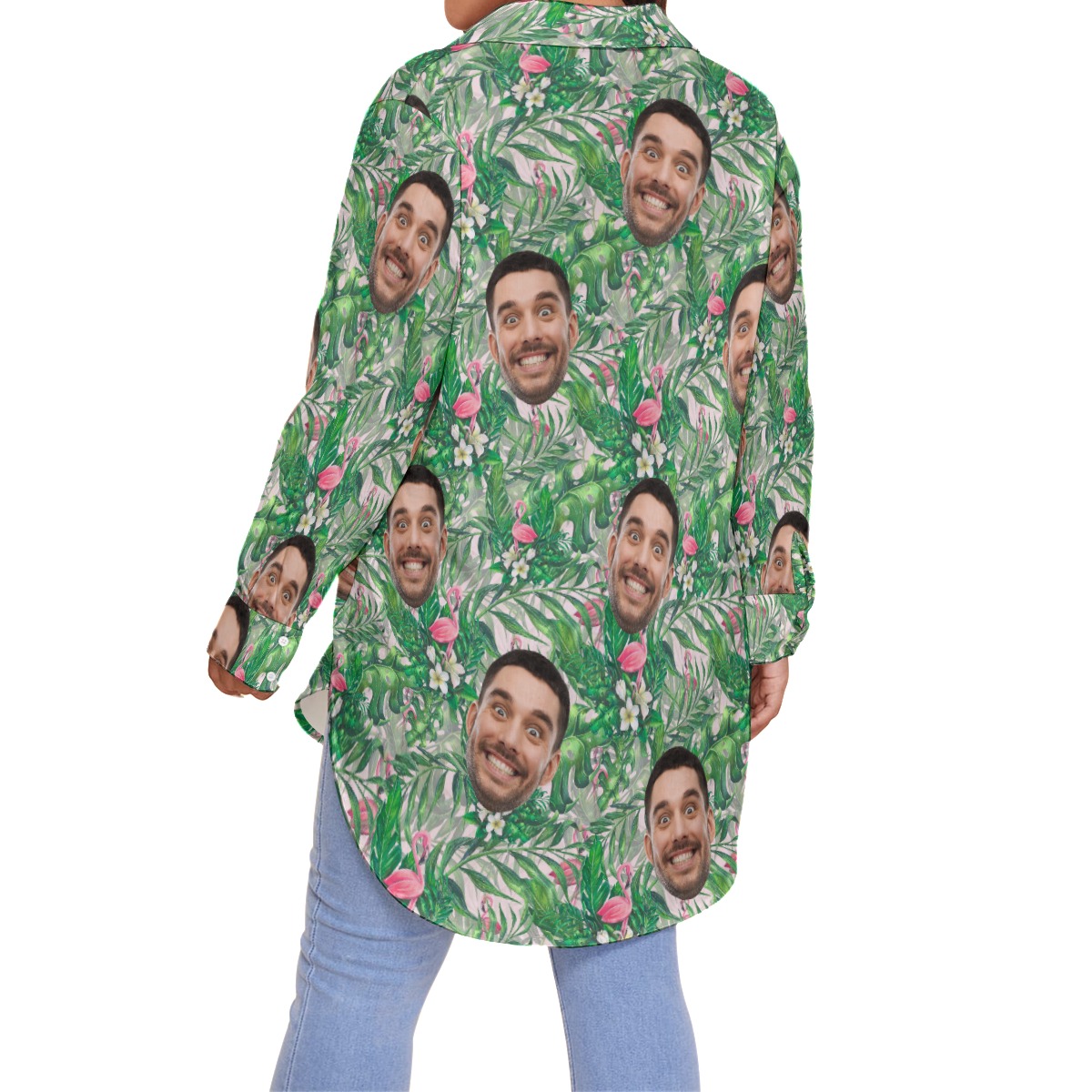 Custom Face Women's Oversized Aloha Shirt With Flamingo