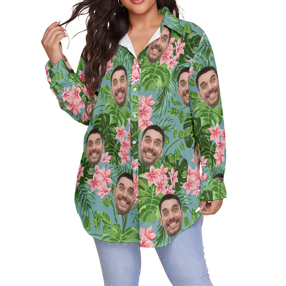 Floral Custom Face Oversized Hawaiian Shirt For Women - variant image 1