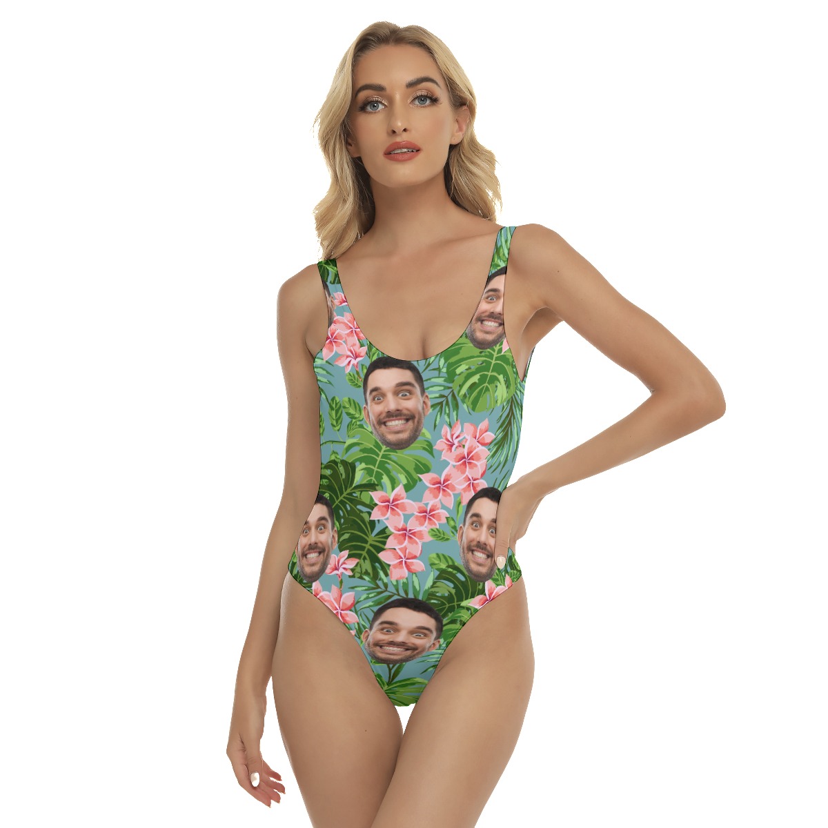 Custom Face Hawaiian One Piece Swimsuit for Women with Pink Plumeria Pattern - variant image 1