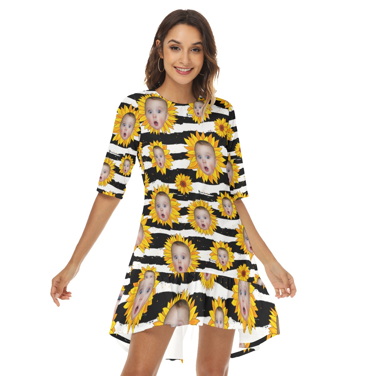 Funny Sunflowers Custom Face Hawaiian Dress With Ruffle Hem - variant image 1
