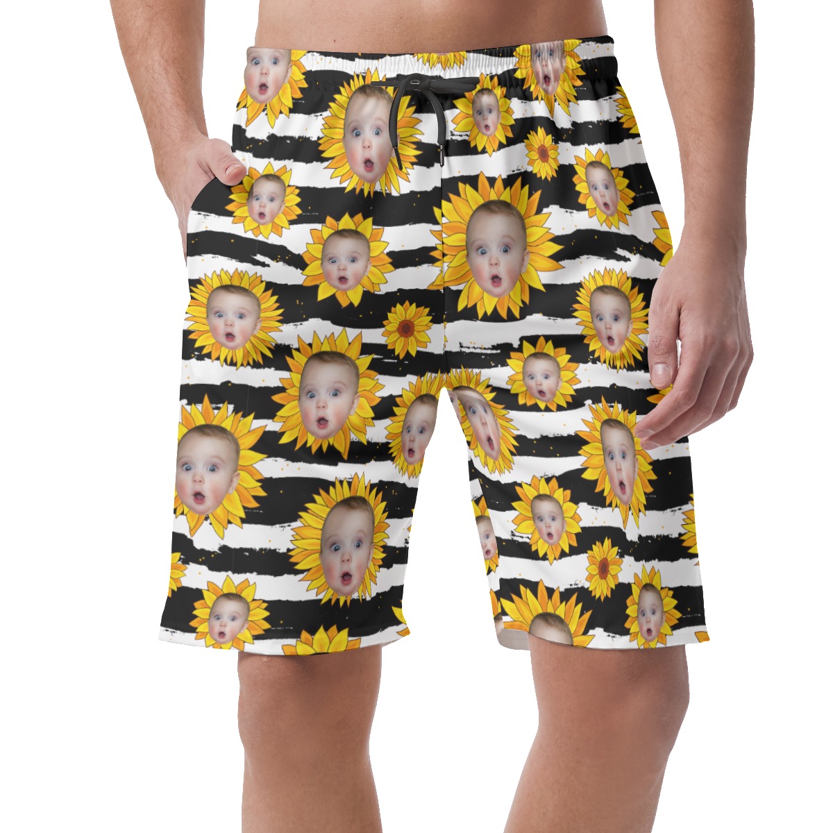 Funny Custom Face Sunflowers Hawaiian Beach Shorts For Men - variant image 1