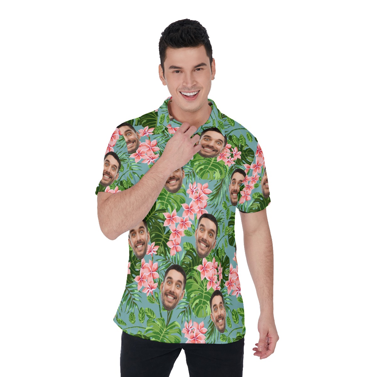 Green Tropical Custom Face Hawaiian Polo Shirt For Men - variant image 1