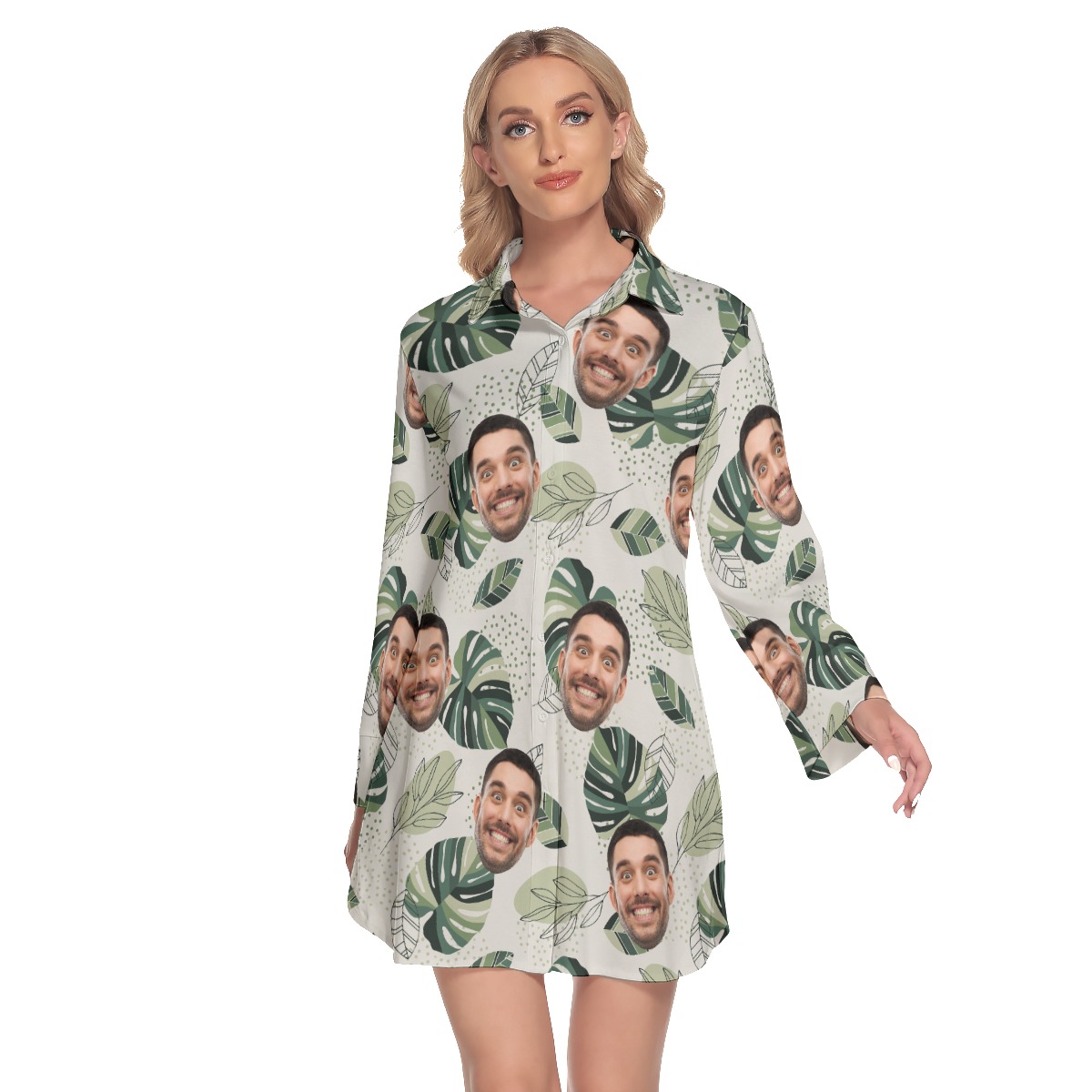 Custom Face Hawaiian Lapel Shirt Dress Long Sleeve For Summer - variant image 1