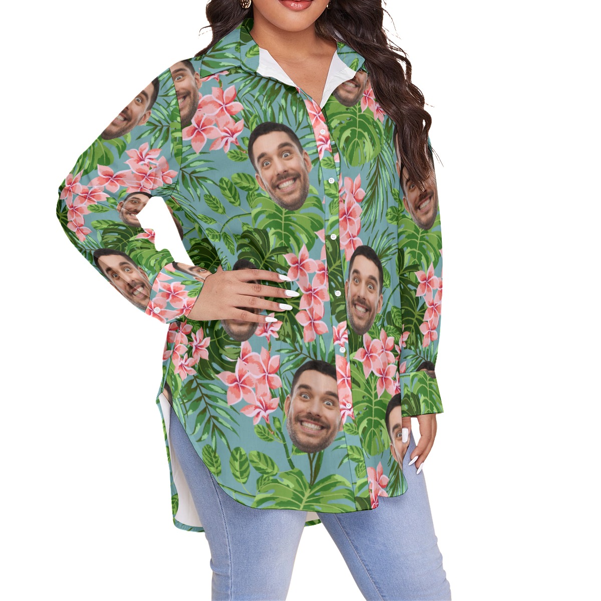 Floral Custom Face Oversized Hawaiian Shirt For Women