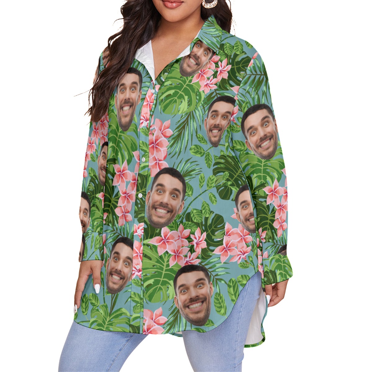 Floral Custom Face Oversized Hawaiian Shirt For Women