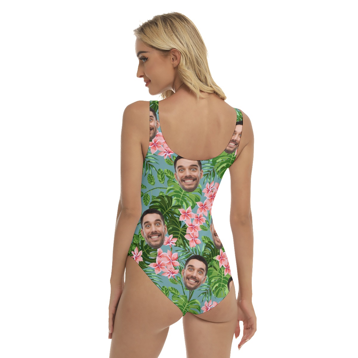 Custom Face Hawaiian One Piece Swimsuit for Women with Pink Plumeria Pattern