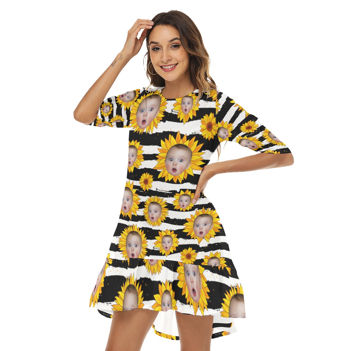 Funny Sunflowers Custom Face Hawaiian Dress With Ruffle Hem