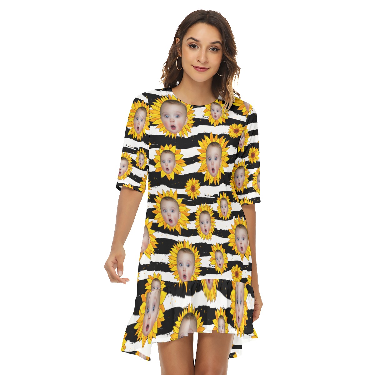Funny Sunflowers Custom Face Hawaiian Dress With Ruffle Hem