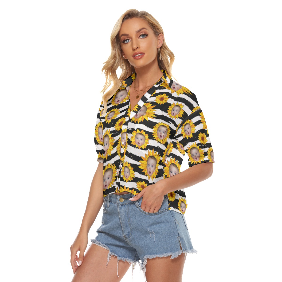 Funny Custom Face Sunflowers Hawaiian Cropped Shirt For Women