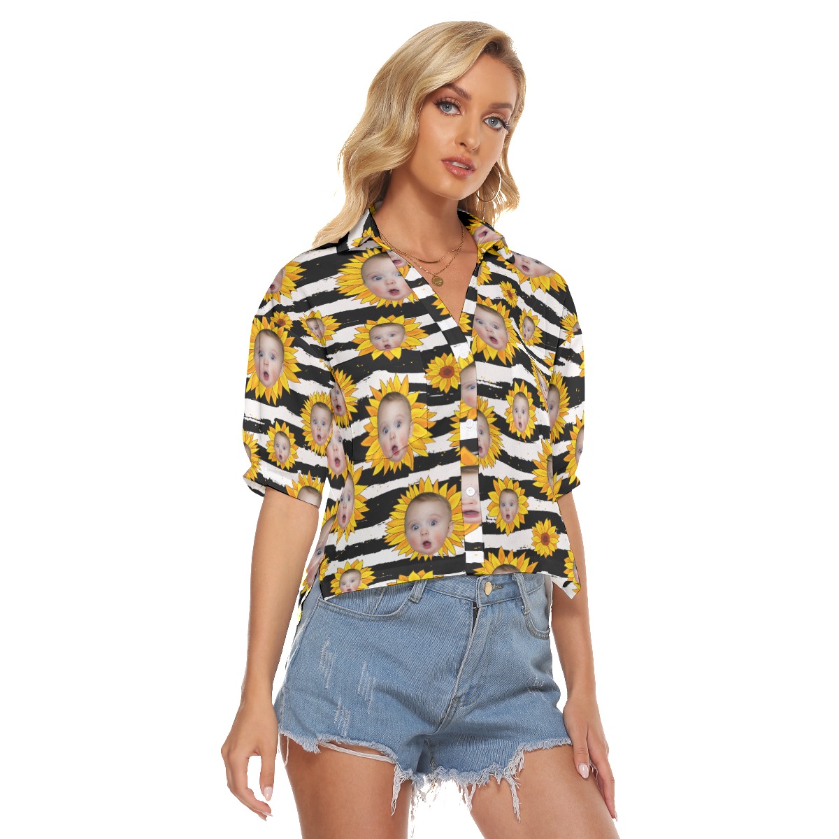 Funny Custom Face Sunflowers Hawaiian Cropped Shirt For Women