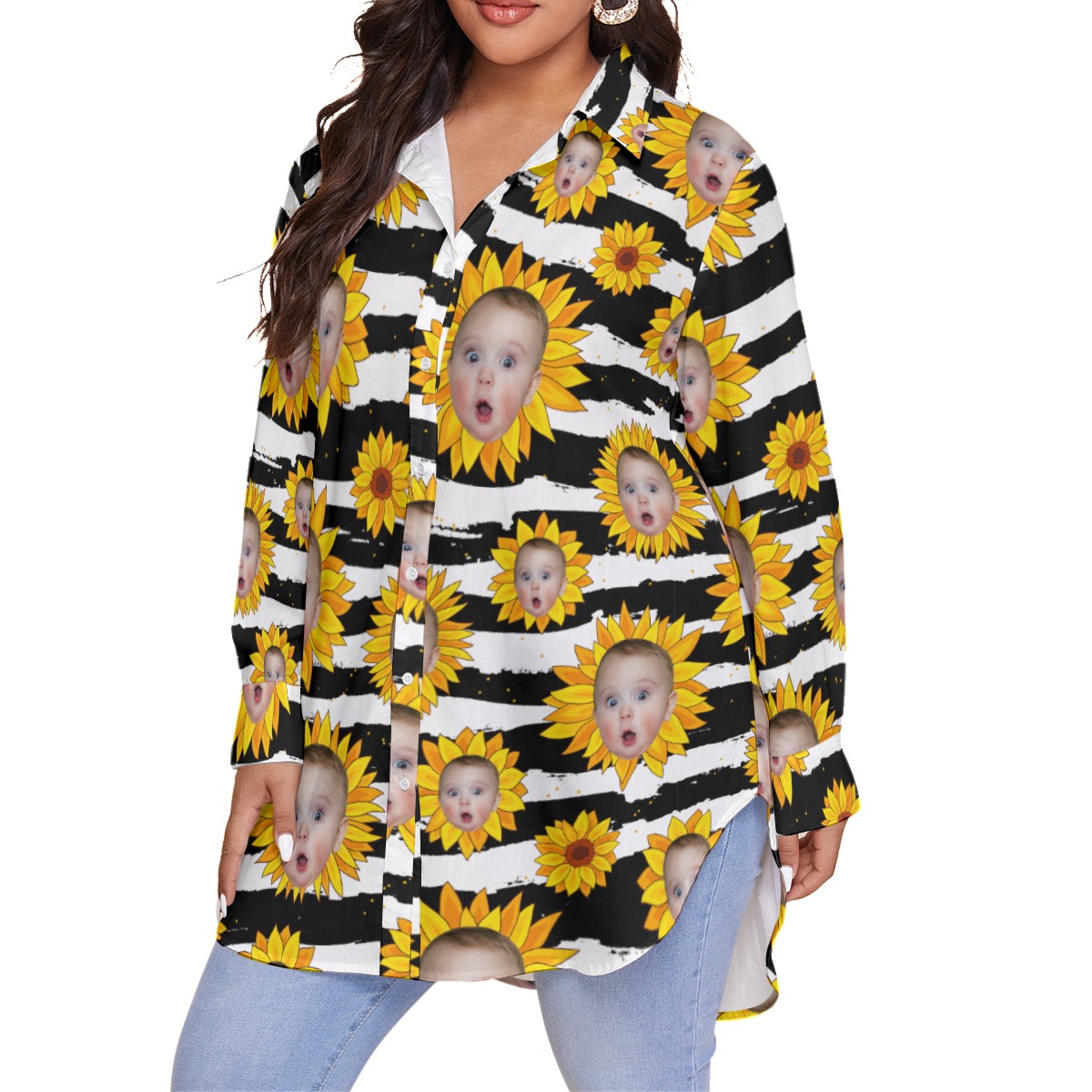 Custom Face Sunflowers Hawaiian Plus Size Shirt For Women