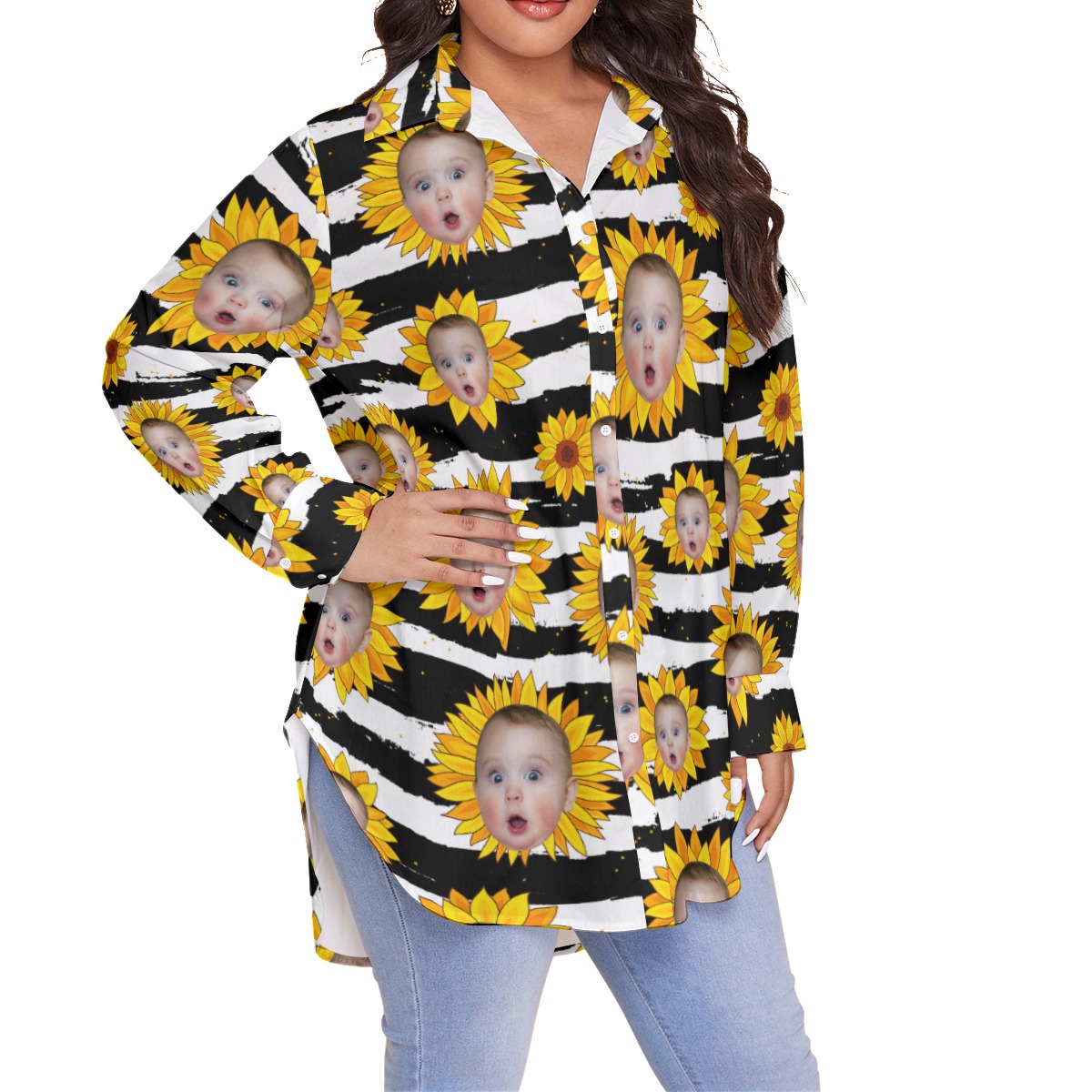 Custom Face Sunflowers Hawaiian Plus Size Shirt For Women