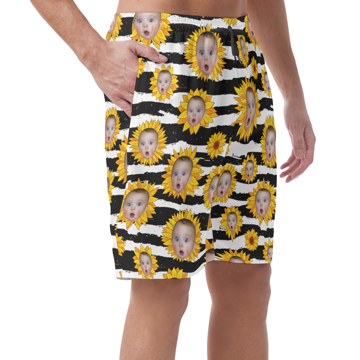 Funny Custom Face Sunflowers Hawaiian Beach Shorts For Men