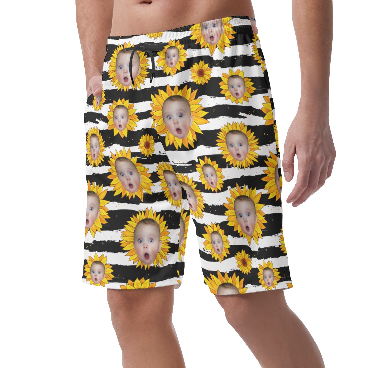 Funny Custom Face Sunflowers Hawaiian Beach Shorts For Men
