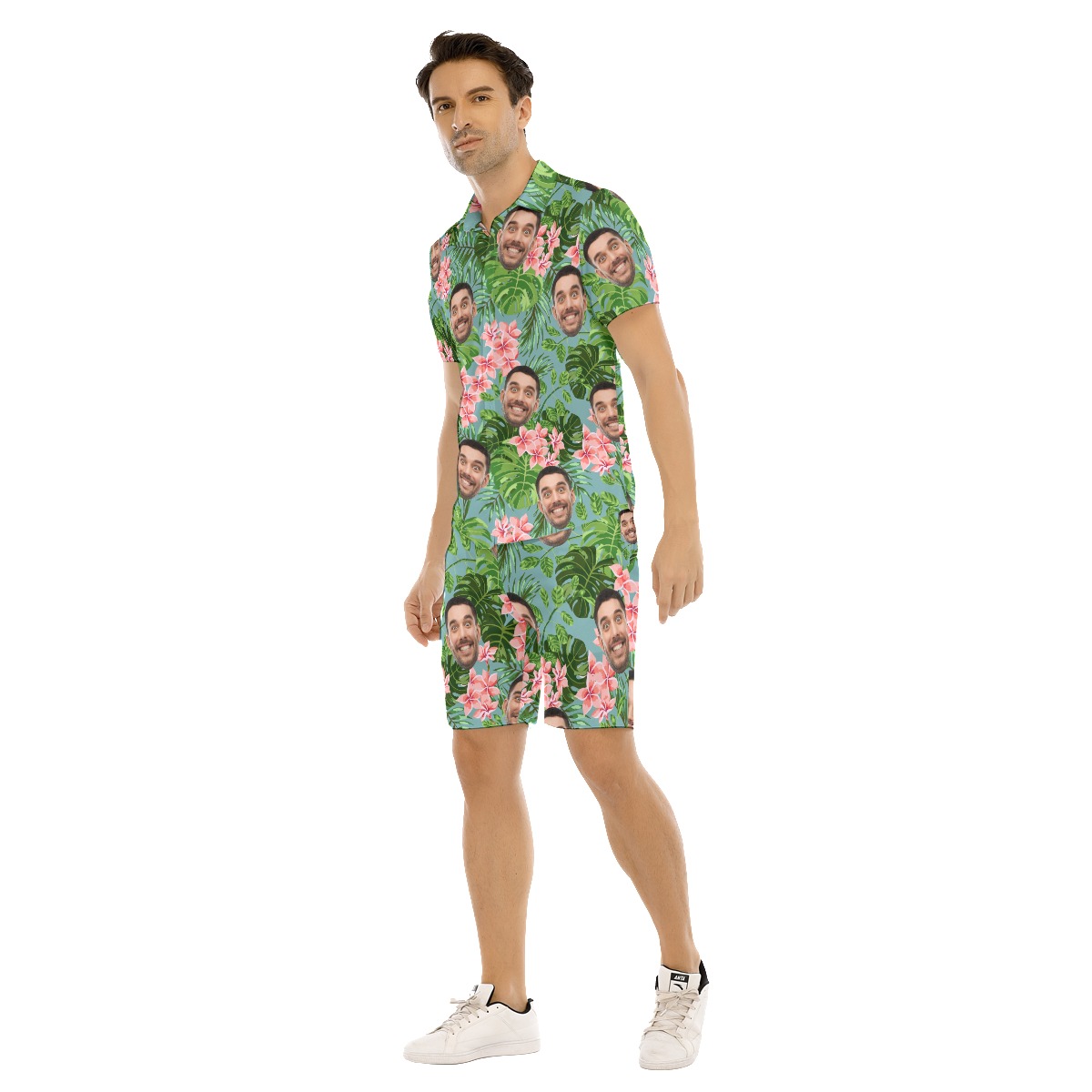 Floral Green Custom Face Hawaiian Outfits For Men