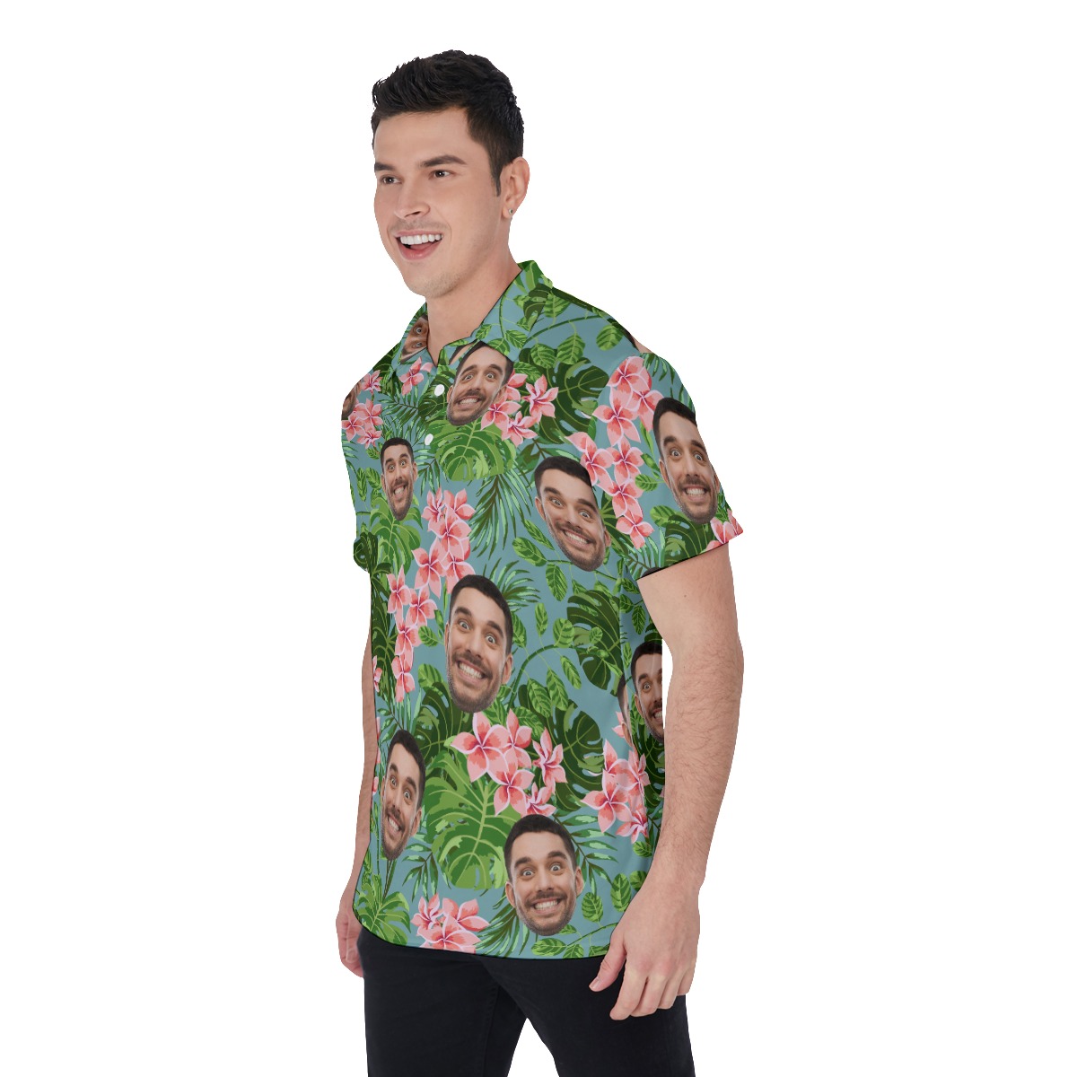 Green Tropical Custom Face Hawaiian Polo Shirt For Men