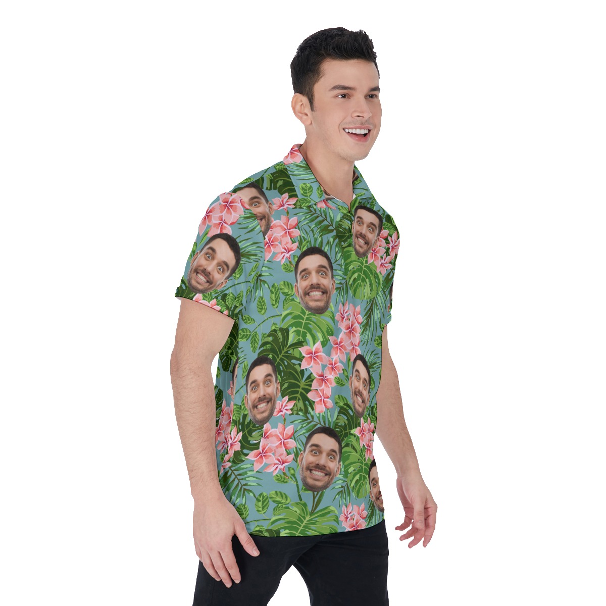 Green Tropical Custom Face Hawaiian Polo Shirt For Men
