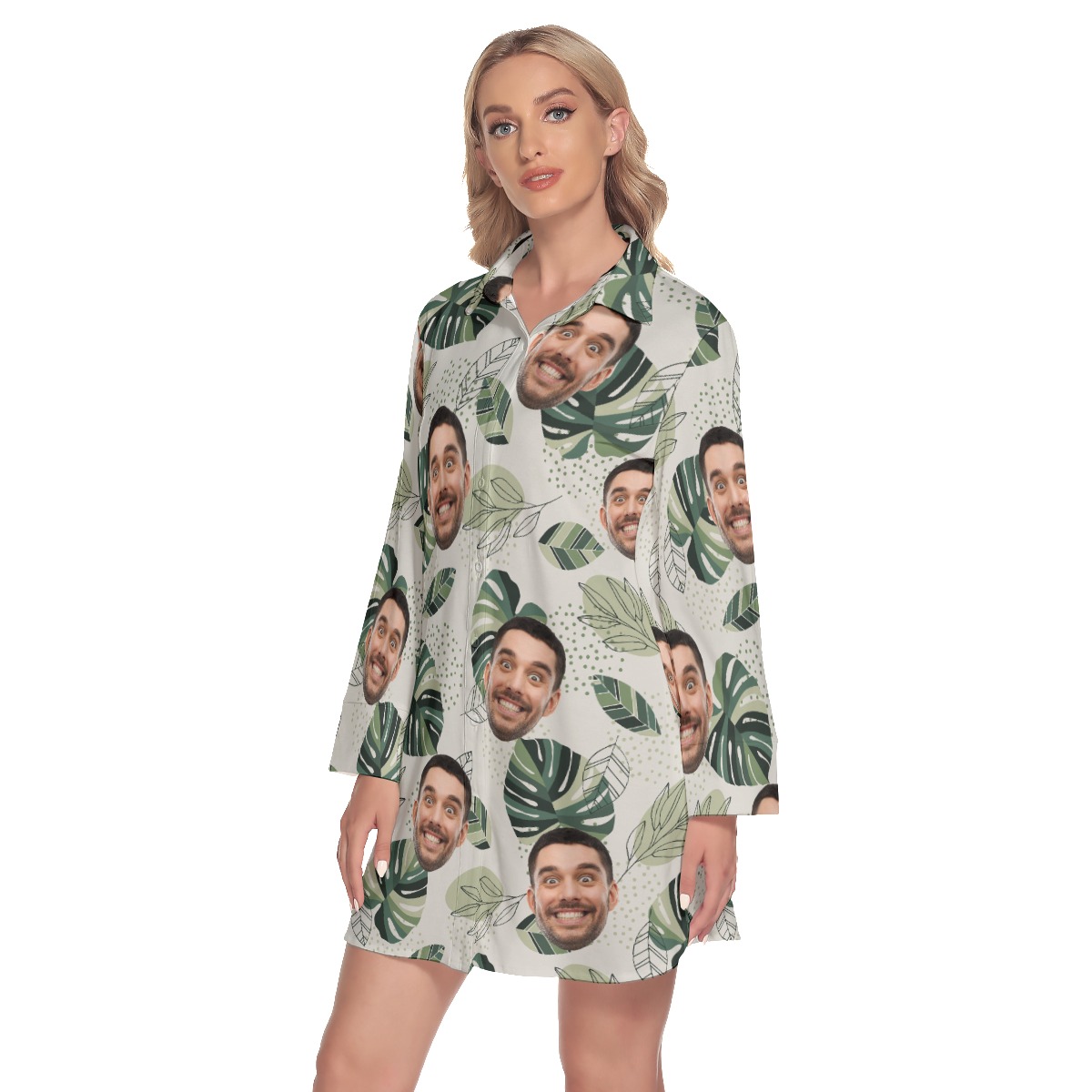 Custom Face Hawaiian Lapel Shirt Dress Long Sleeve For Summer