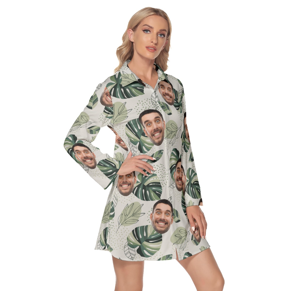Custom Face Hawaiian Lapel Shirt Dress Long Sleeve For Summer