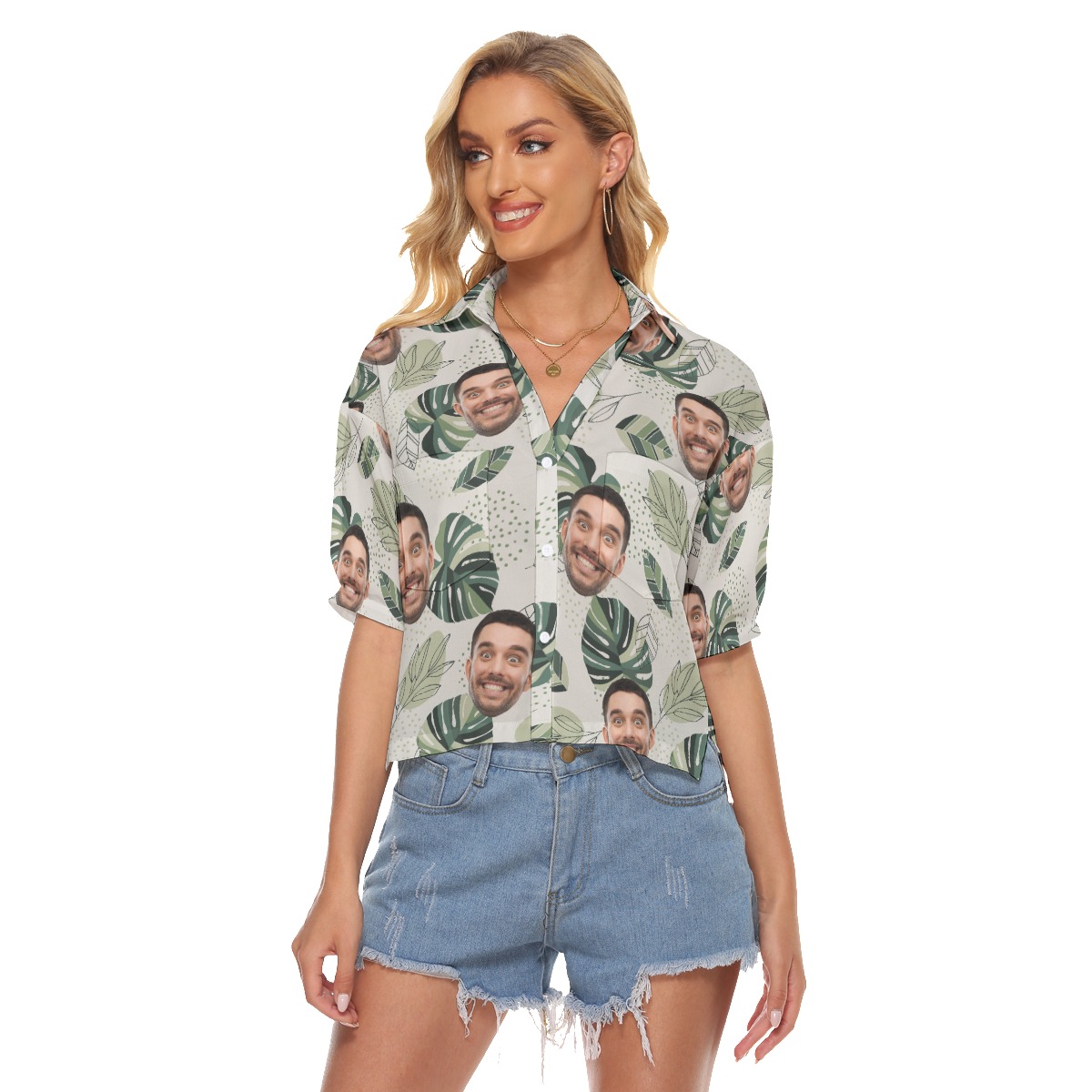 Personalized Face Hawaiian Cropped Shirt For Women - variant image 1