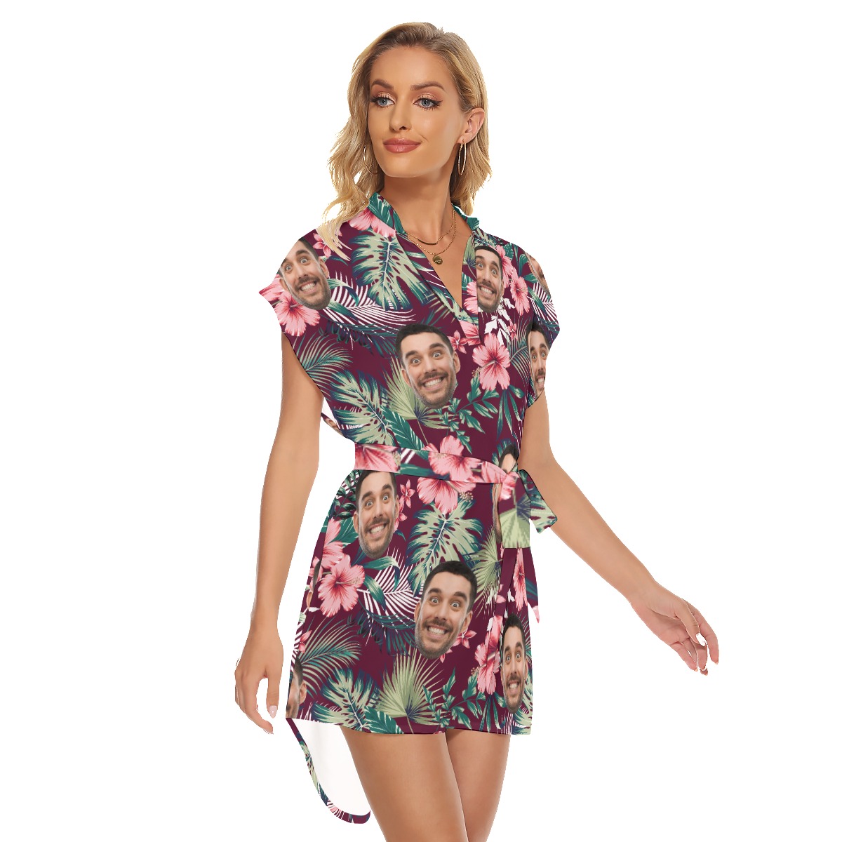 Red Tropical Hawaiian Print Dresses With Custom Face