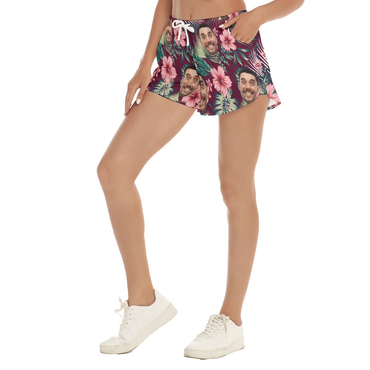 Custom Face Red Hawaiian Beach Shorts For Women